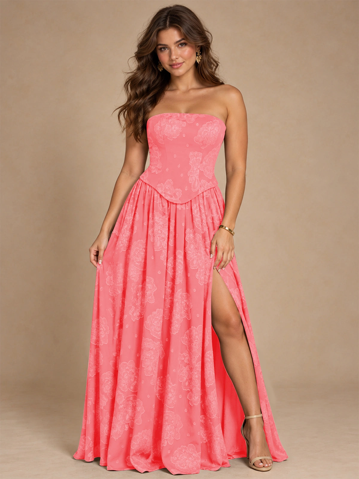 Chocolate Brown Floral Strapless Corset A-Line Evening Gown with Slit