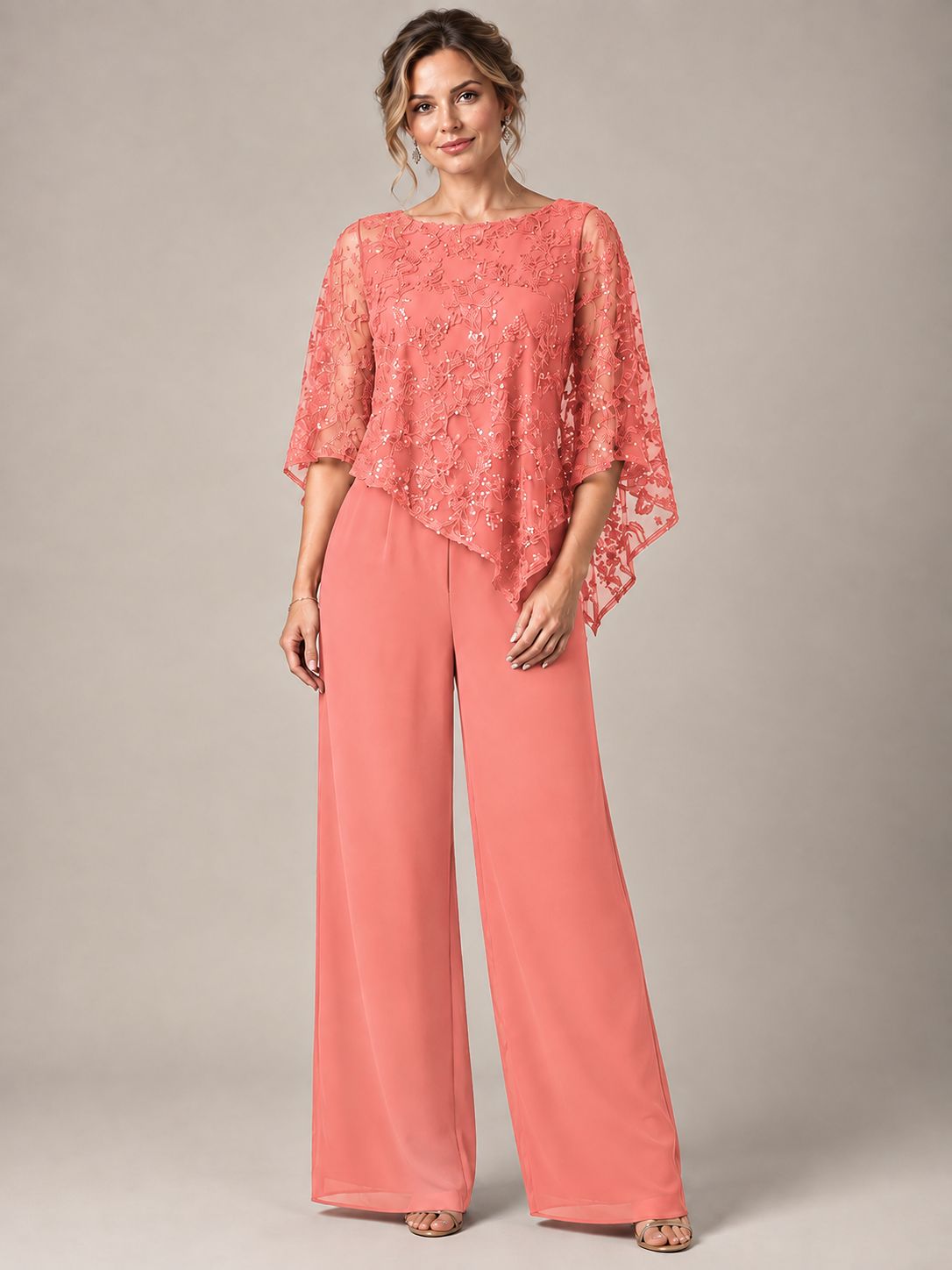 3/4 Sleeve Sequin Chiffon Jumpsuit with Cape