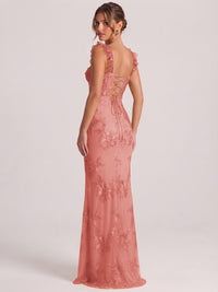 Sweetheart Floral Applique Corset Mermaid Prom Dress with High Slit