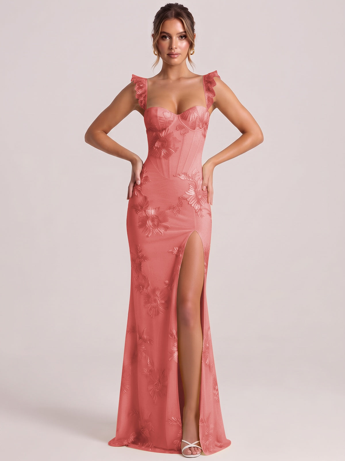Sweetheart Floral Applique Corset Mermaid Prom Dress with High Slit