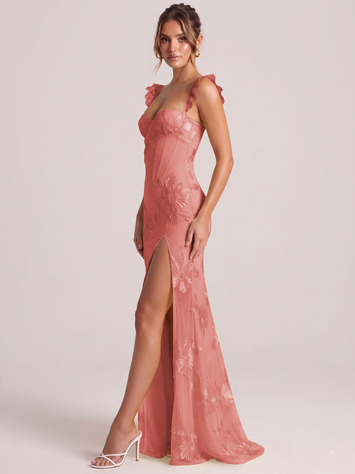 Sweetheart Floral Applique Corset Mermaid Prom Dress with High Slit