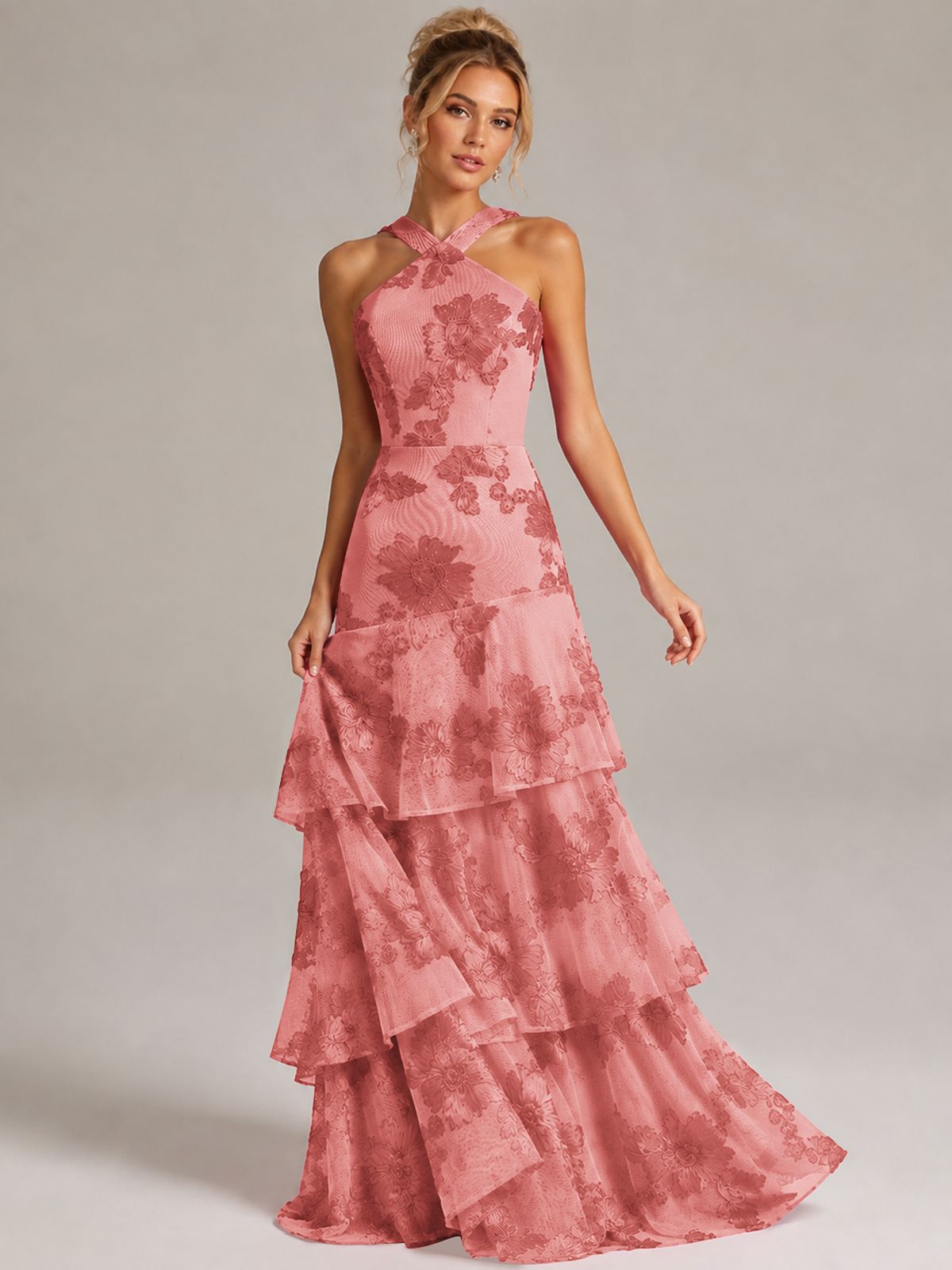 Tiered Ruffles Halter Floral Applique Prom Dress