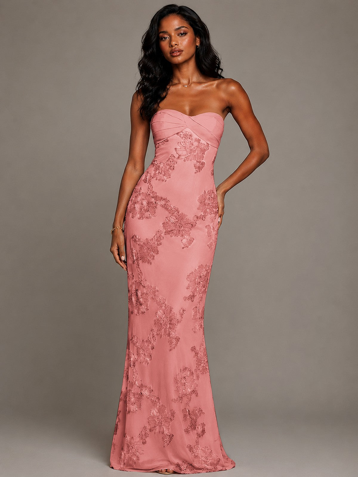 Strapless Floral Applique Mermaid Prom Dress