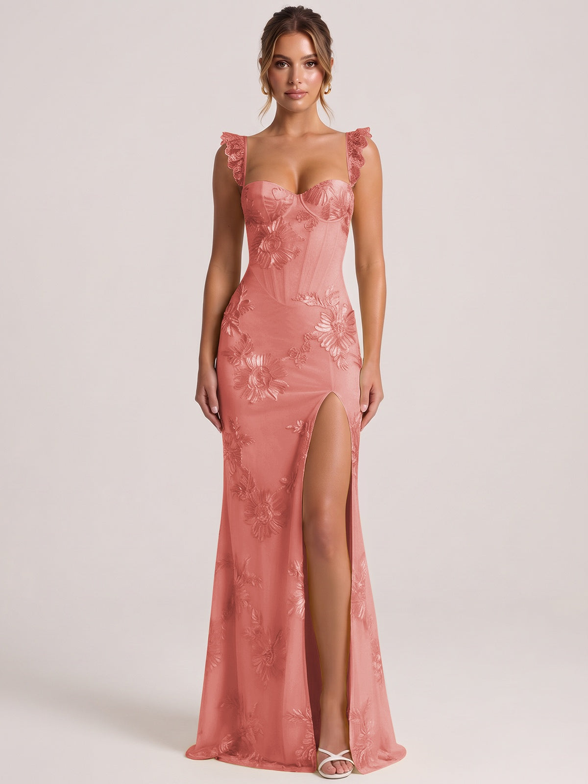Coral Sweetheart Floral Applique Corset Mermaid Prom Dress with High Slit Long Formal Evening Gown