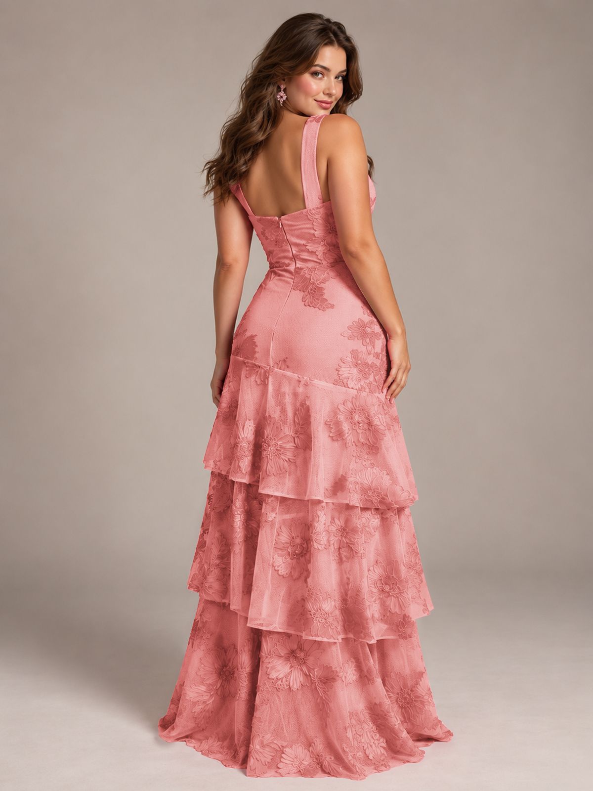 Tiered Ruffles Halter Floral Applique Prom Dress
