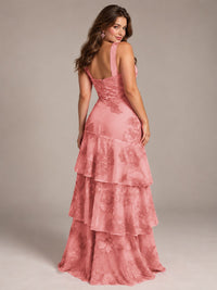 Tiered Ruffles Halter Floral Applique Prom Dress