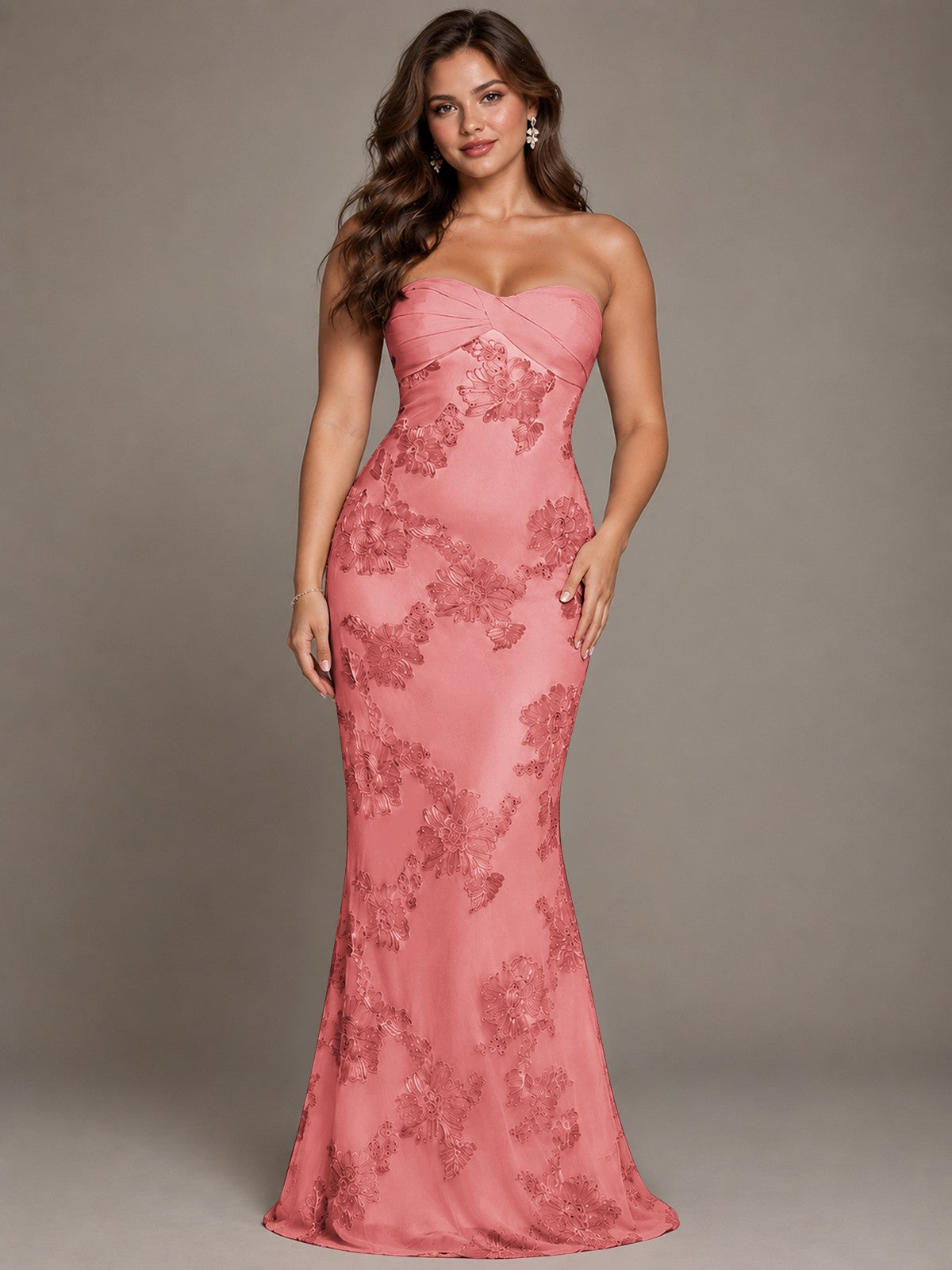 Strapless Floral Applique Mermaid Prom Dress
