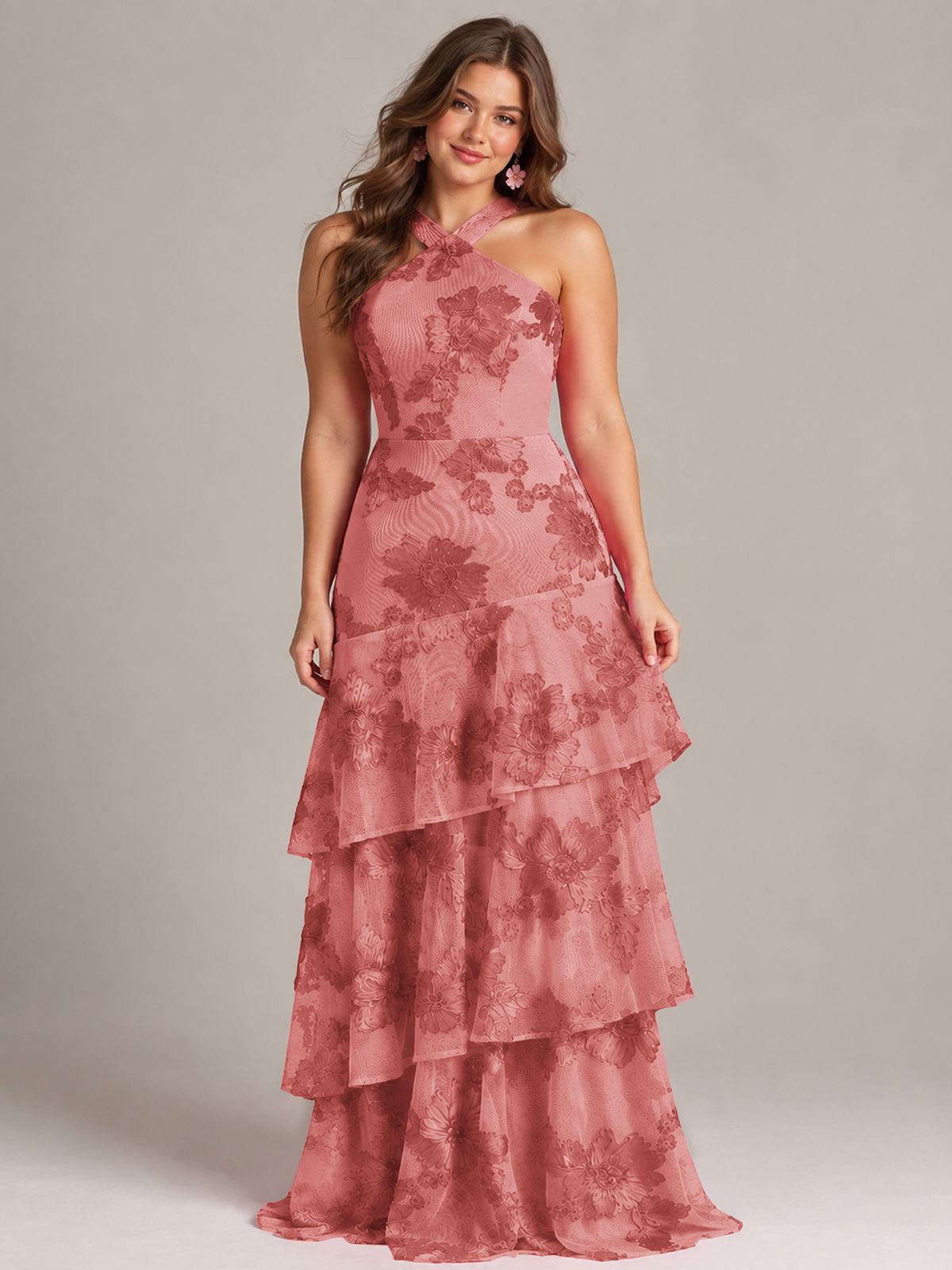Tiered Ruffles Halter Floral Applique Prom Dress
