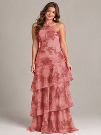Tiered Ruffles Halter Floral Applique Prom Dress