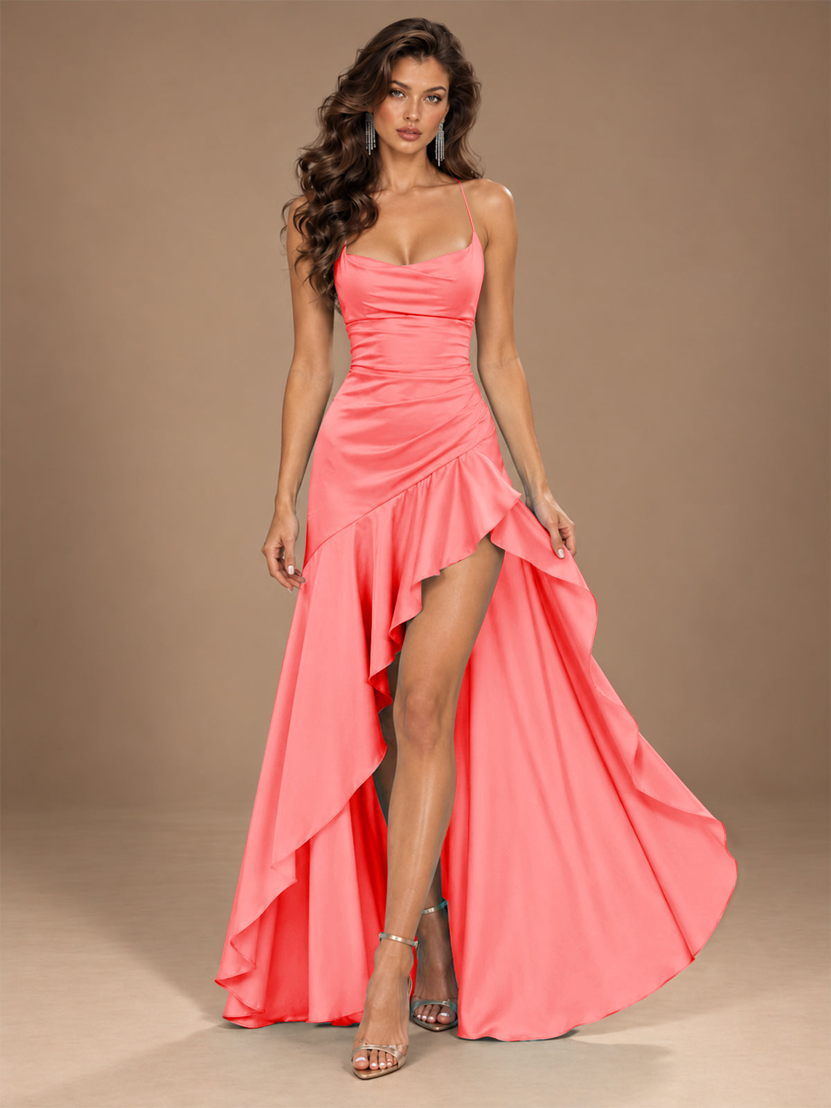 Burgundy Spaghetti Strap Ruched Prom Dress with Ruffled High Slit