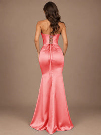 Dusty Blue Strapless Lace Corset Prom Dress with High Slit
