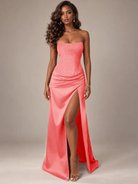 Burgundy Strapless Sparkly Corset Prom Dress with High Slit