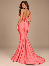 Pink Halter Deep V-Neck Ruched Mermaid Prom Dress