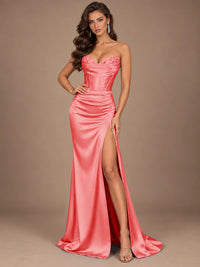 Dusty Blue Strapless Lace Corset Prom Dress with High Slit