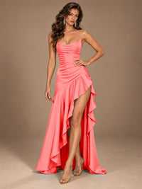 Burgundy Spaghetti Strap Ruched Prom Dress with Ruffled High Slit