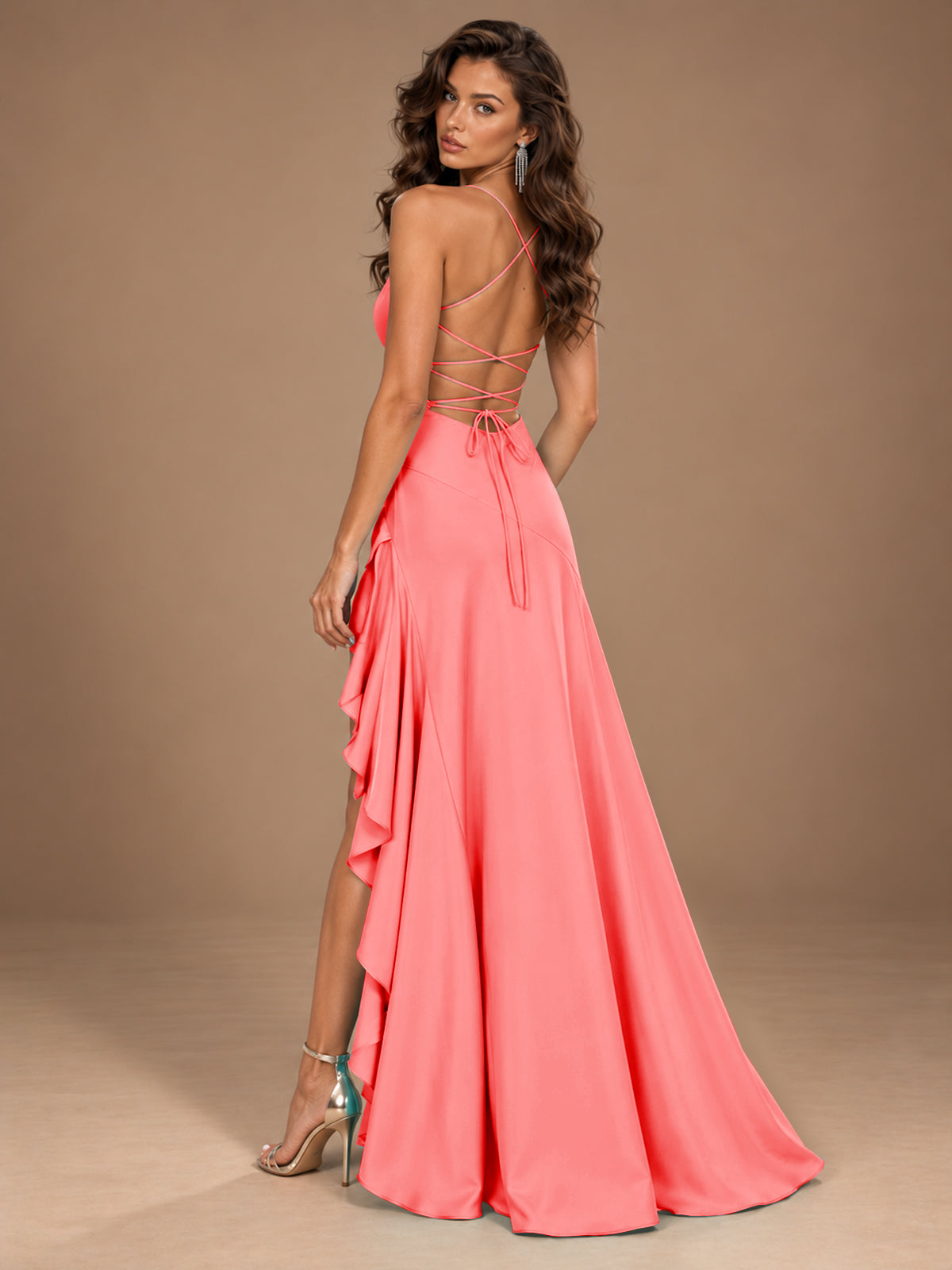 Burgundy Spaghetti Strap Ruched Prom Dress with Ruffled High Slit