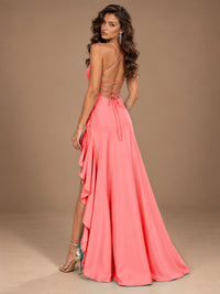 Burgundy Spaghetti Strap Ruched Prom Dress with Ruffled High Slit