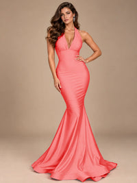 Pink Halter Deep V-Neck Ruched Mermaid Prom Dress