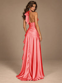 Burgundy Halter Deep V-Neck Ruched High Slit Ruffle Prom Dress