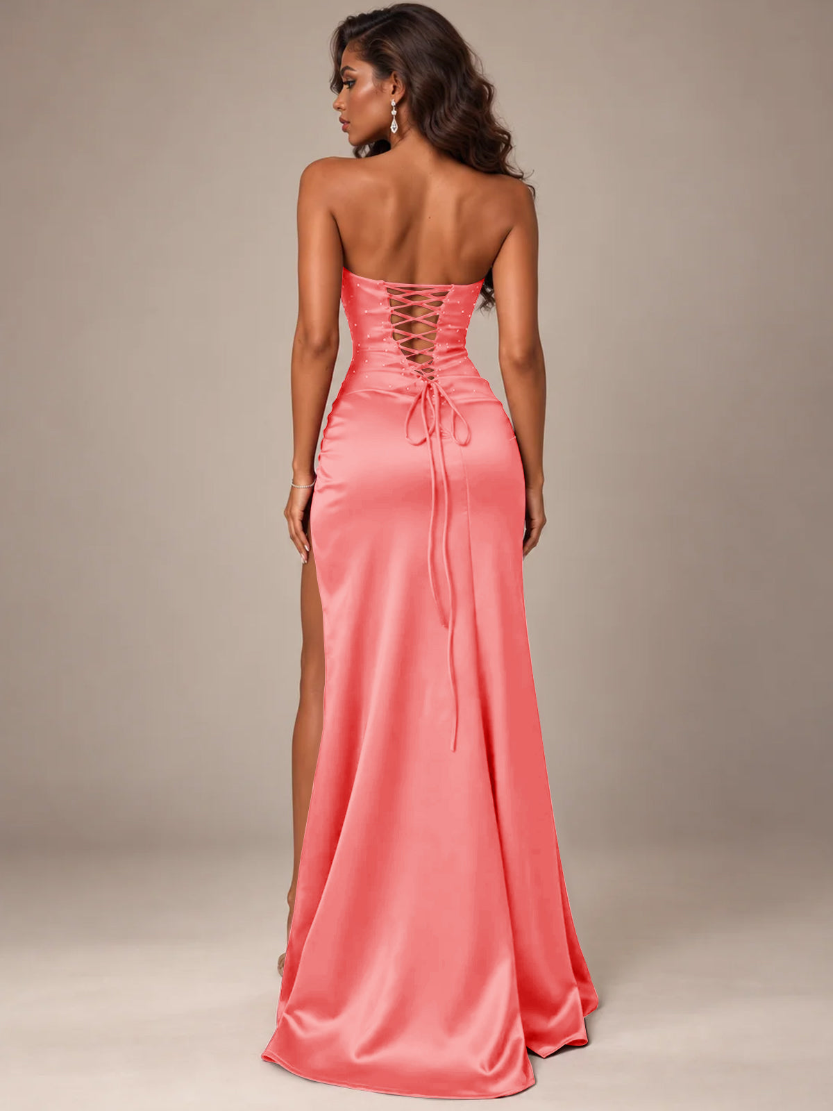 Burgundy Strapless Sparkly Corset Prom Dress with High Slit