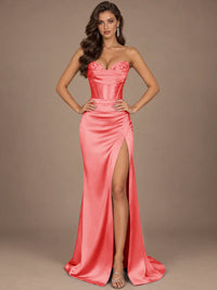 Dusty Blue Strapless Lace Corset Prom Dress with High Slit