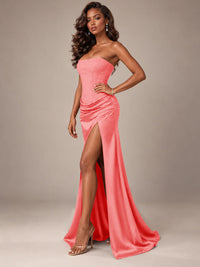 Burgundy Strapless Sparkly Corset Prom Dress with High Slit
