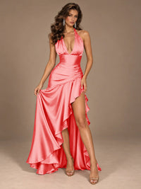Burgundy Halter Deep V-Neck Ruched High Slit Ruffle Prom Dress