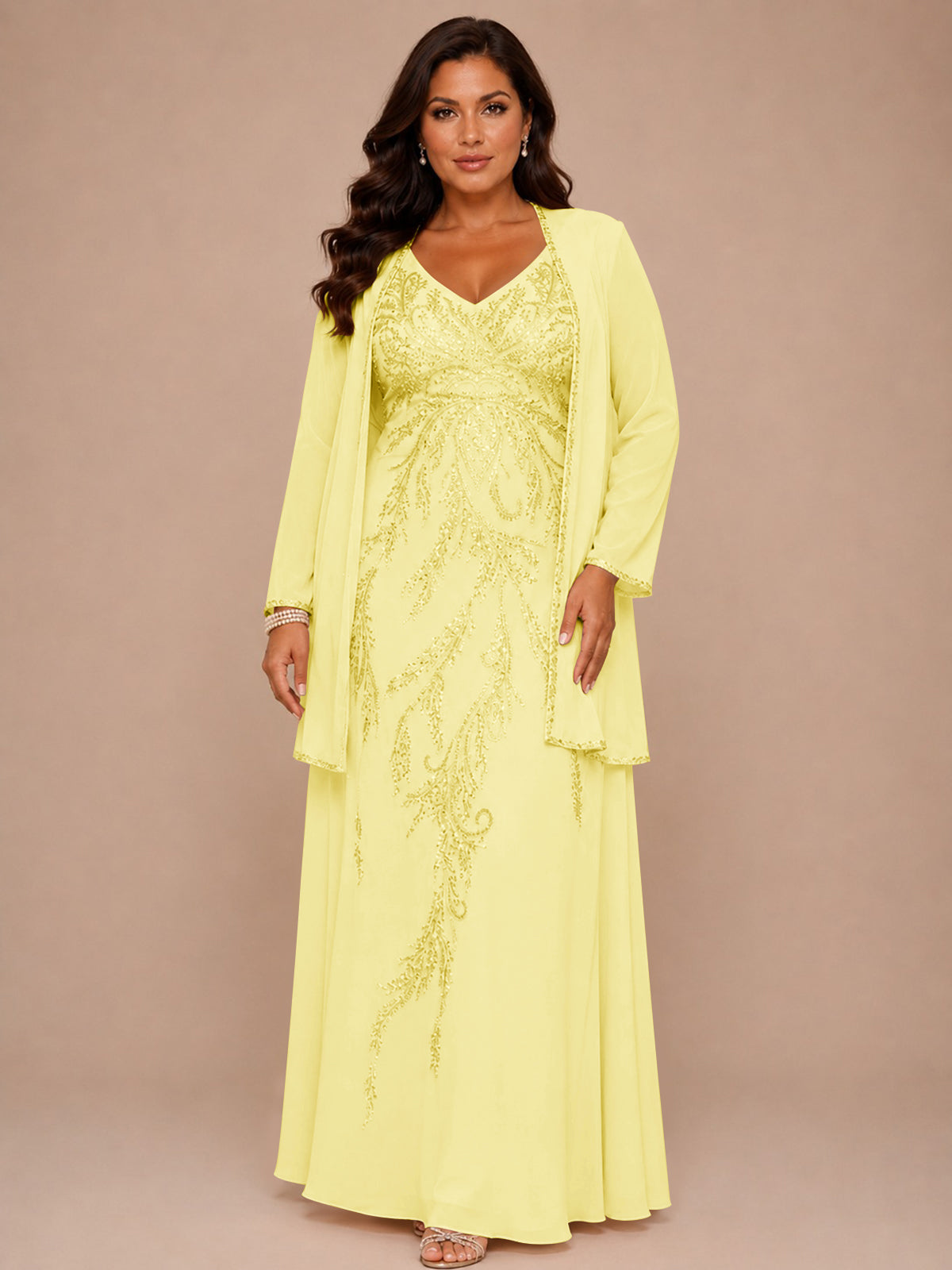 Champagne Beaded Chiffon Mother of the Bride Dress with Jacket V-Neck Gown