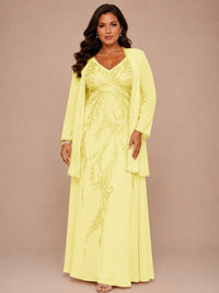 Champagne Beaded Chiffon Mother of the Bride Dress with Jacket V-Neck Gown