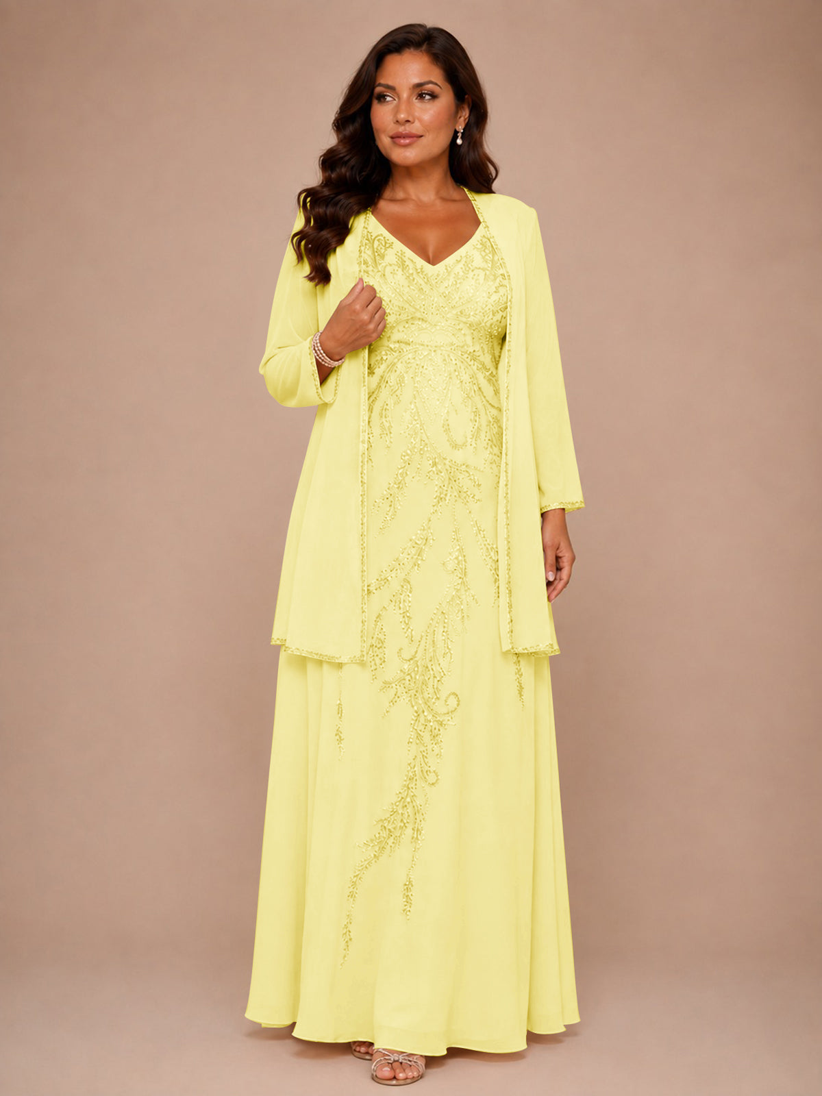 Champagne Beaded Chiffon Mother of the Bride Dress with Jacket V-Neck Gown