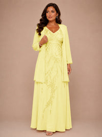 Champagne Beaded Chiffon Mother of the Bride Dress with Jacket V-Neck Gown