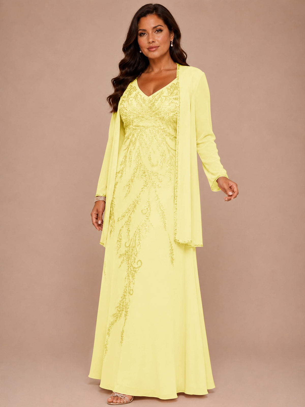 Champagne Beaded Chiffon Mother of the Bride Dress with Jacket V-Neck Gown