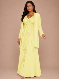 Champagne Beaded Chiffon Mother of the Bride Dress with Jacket V-Neck Gown