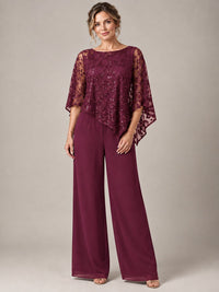 3/4 Sleeve Sequin Chiffon Jumpsuit with Cape