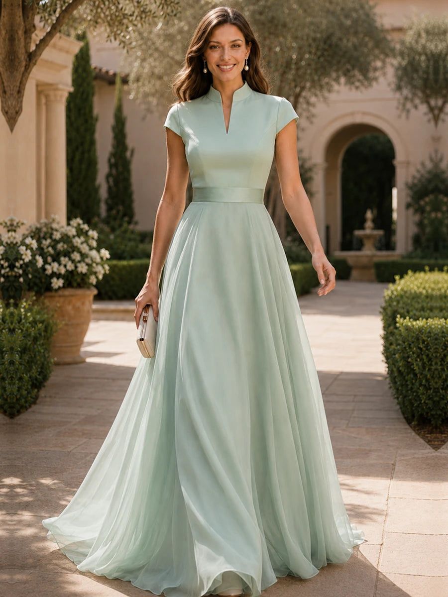 V Neck Cap Sleeve A-Line Floor-Length Satin Bridesmaid Dress