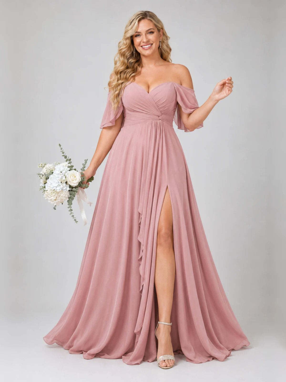 Off Shoulder Chiffon Bridesmaid Dress with Slit
