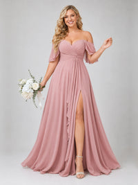 Off Shoulder Chiffon Bridesmaid Dress with Slit
