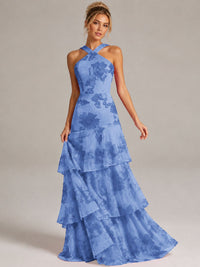Tiered Ruffles Halter Floral Applique Prom Dress