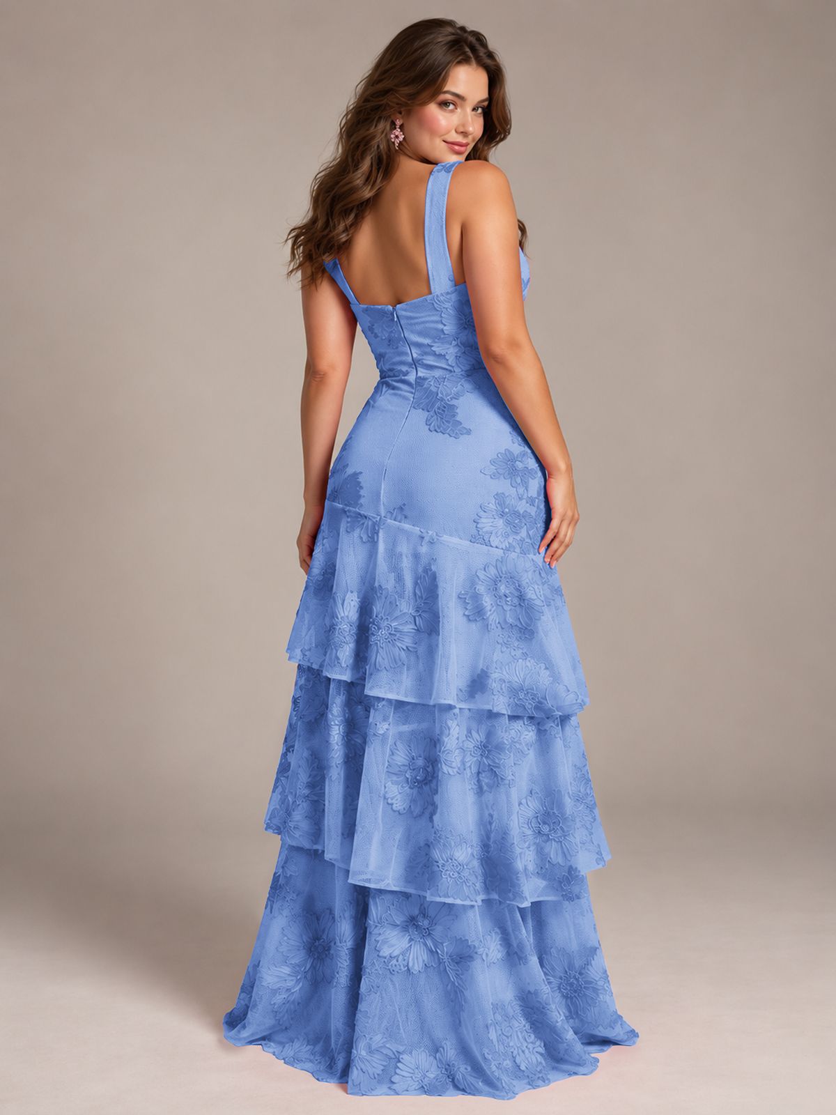 Tiered Ruffles Halter Floral Applique Prom Dress