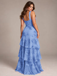 Tiered Ruffles Halter Floral Applique Prom Dress