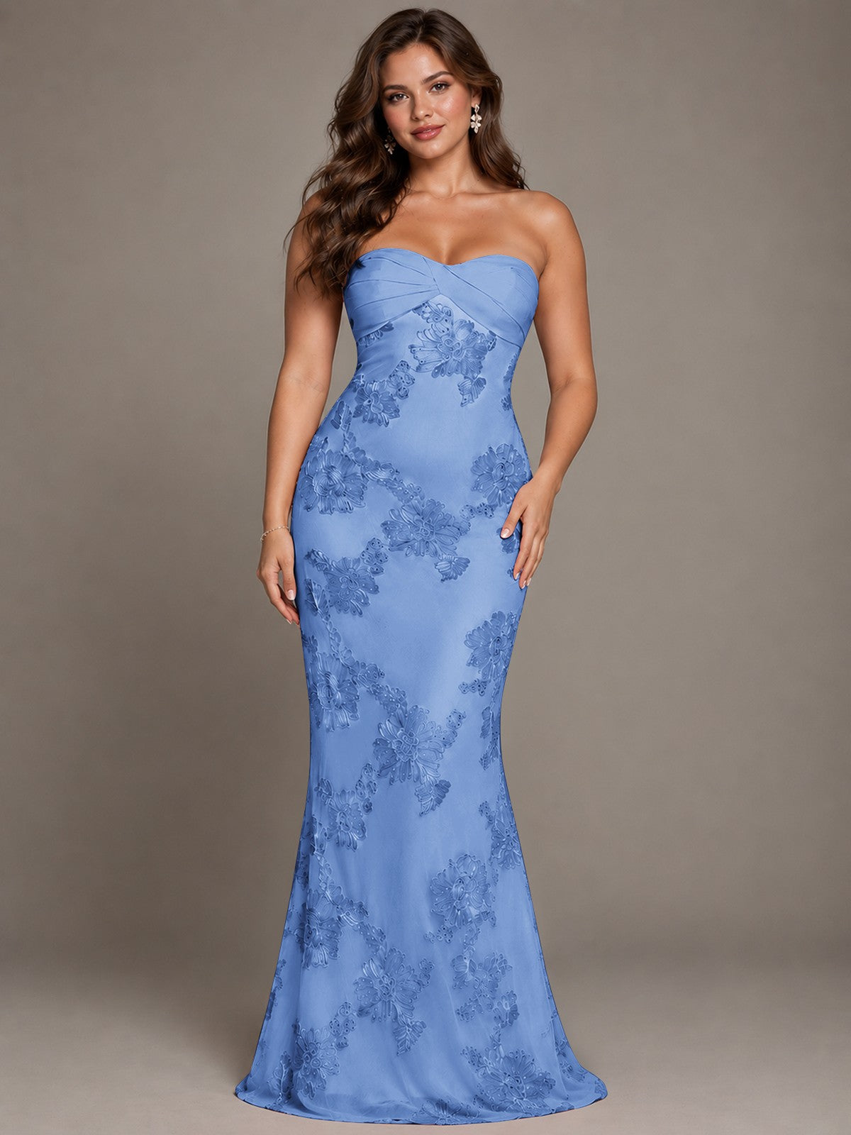 Strapless Floral Applique Mermaid Prom Dress