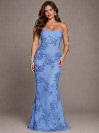 Strapless Floral Applique Mermaid Prom Dress