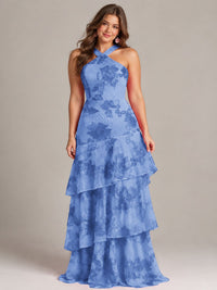 Tiered Ruffles Halter Floral Applique Prom Dress