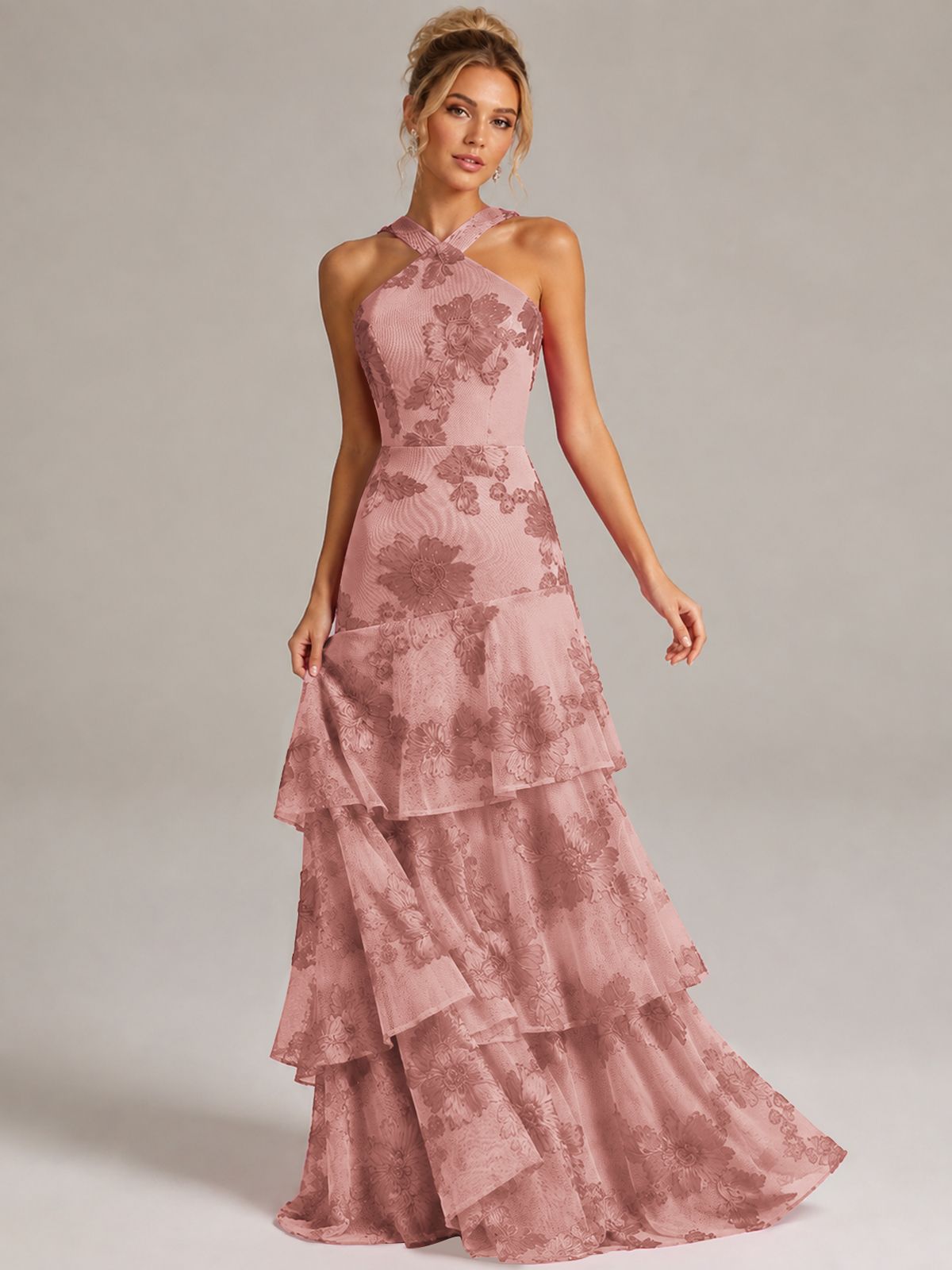 Tiered Ruffles Halter Floral Applique Prom Dress