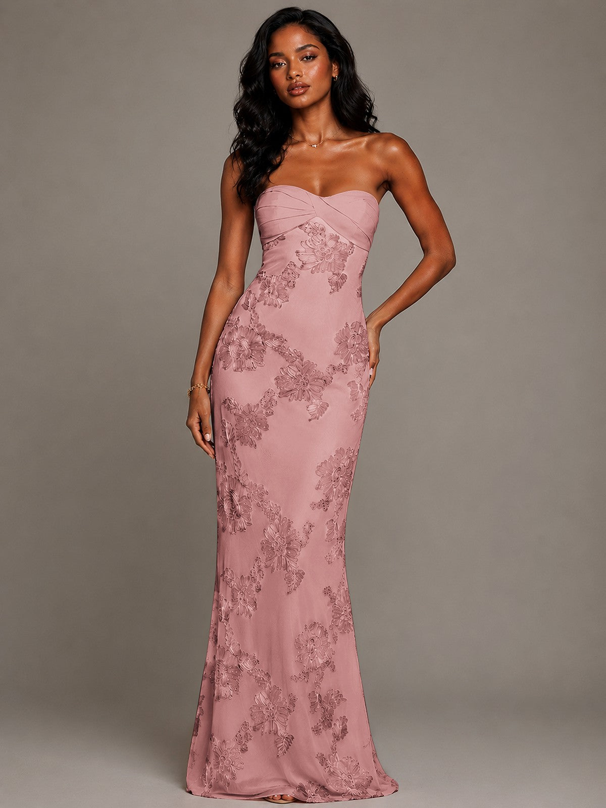 Strapless Floral Applique Mermaid Prom Dress