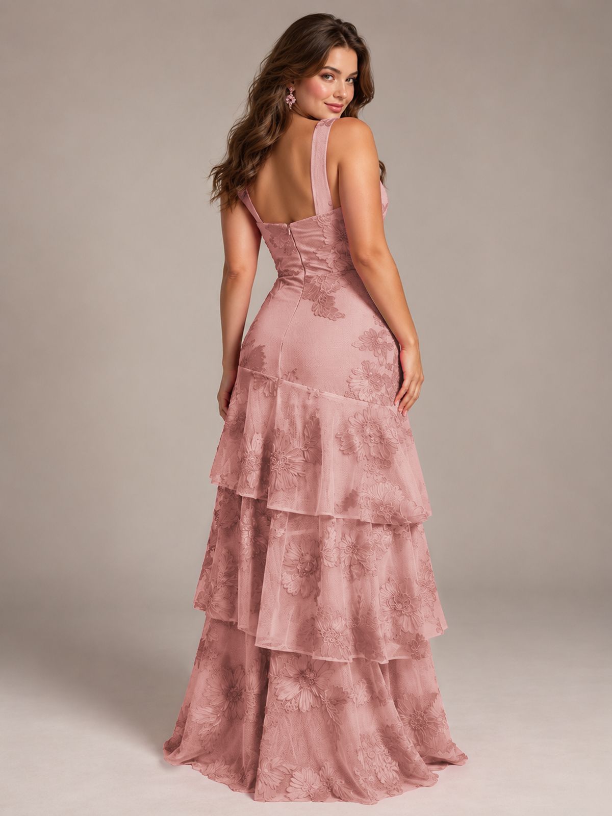 Tiered Ruffles Halter Floral Applique Prom Dress