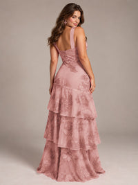 Tiered Ruffles Halter Floral Applique Prom Dress