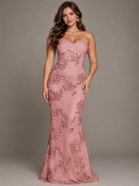 Strapless Floral Applique Mermaid Prom Dress