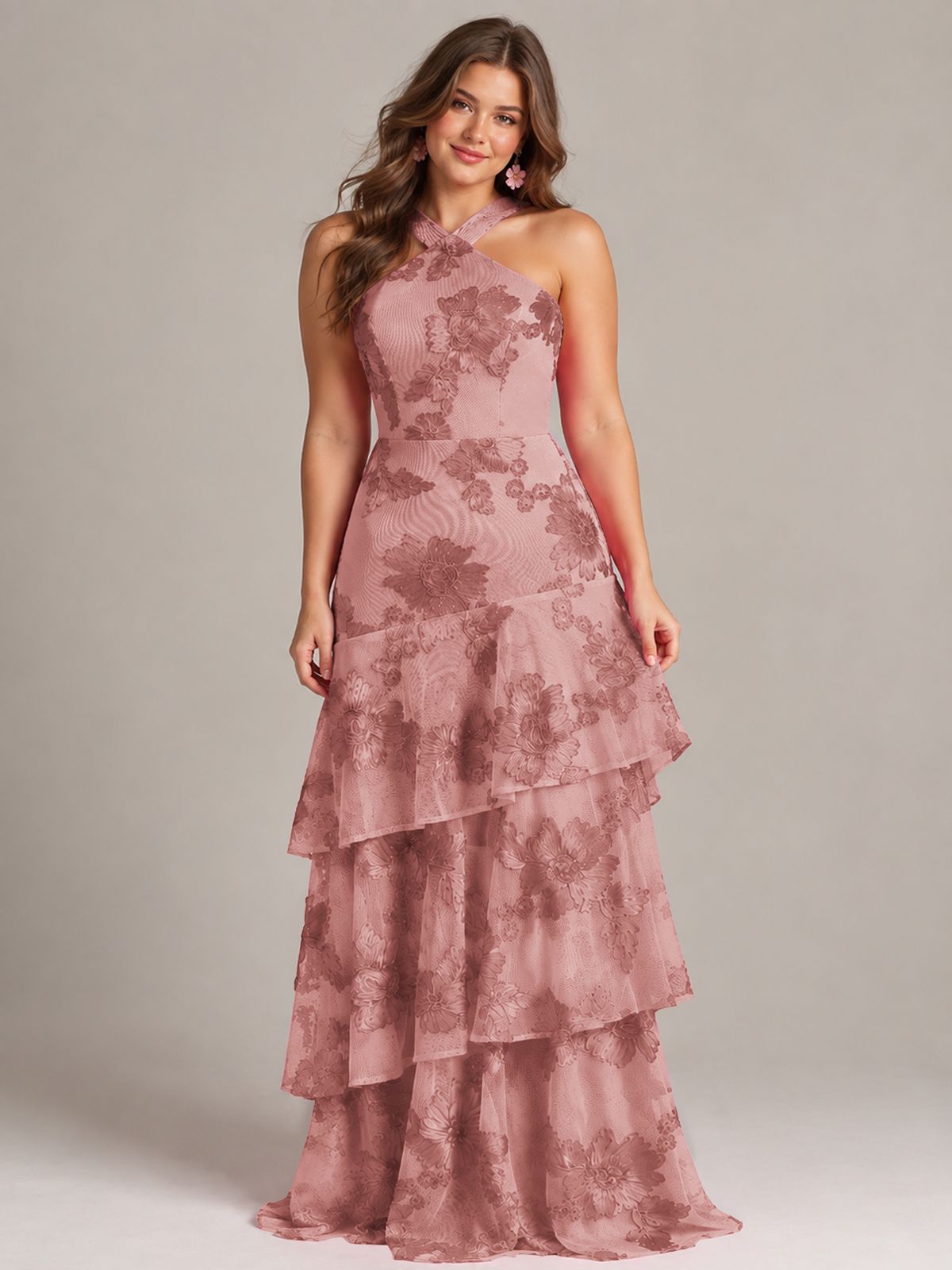Tiered Ruffles Halter Floral Applique Prom Dress