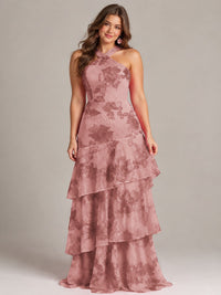 Tiered Ruffles Halter Floral Applique Prom Dress